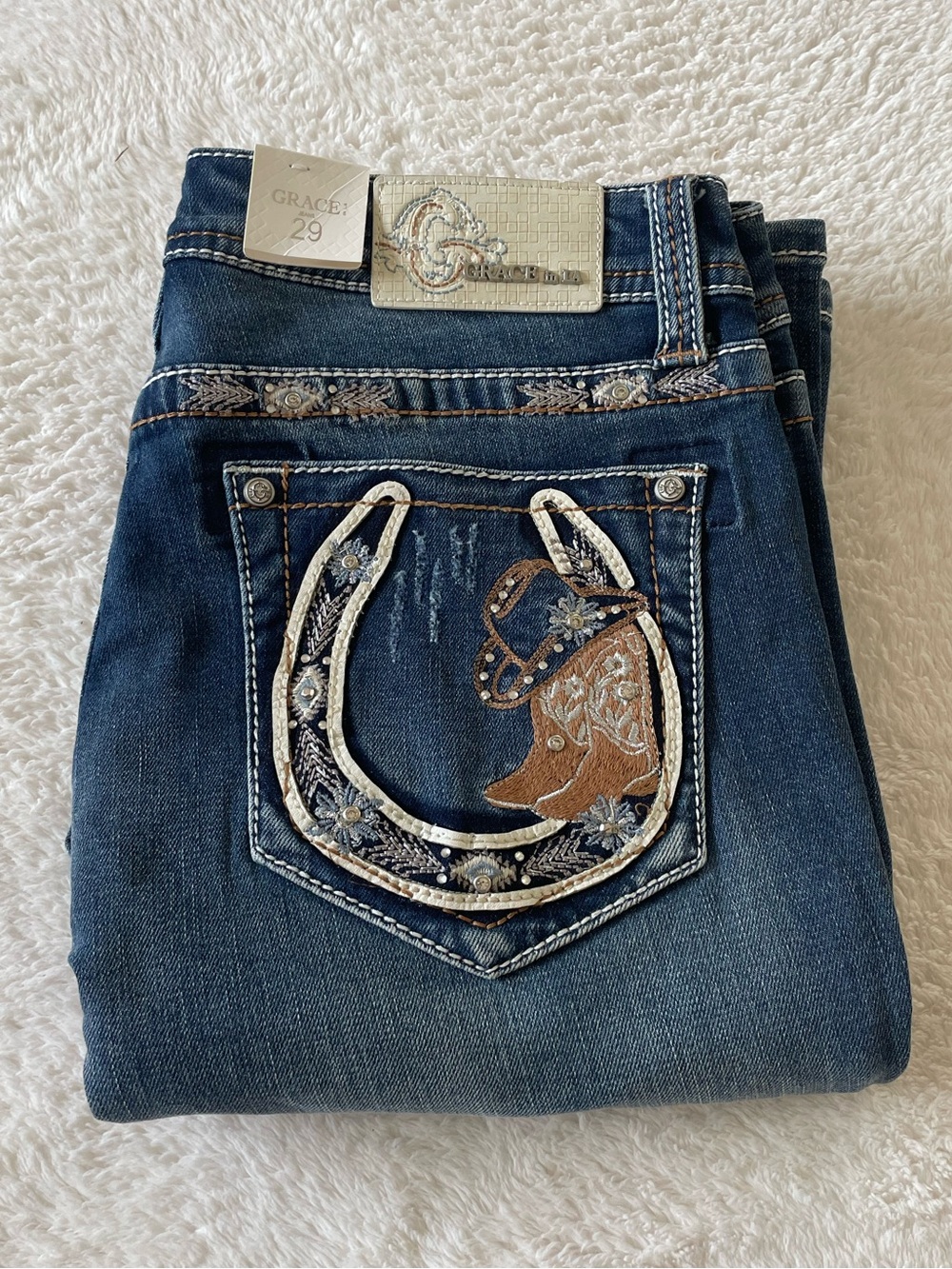 NWT Grace in LA Cowboy Boots Embroidered Easy Fit Bootcut Jeans Size 29 Western